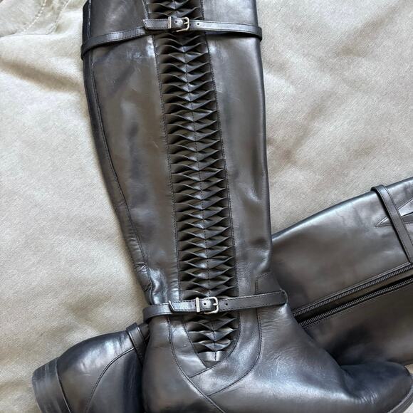 Gianni Bini Black Leather Knee High Boots Woven Detail Riding Style Size 8.5M - Picture 6 of 8